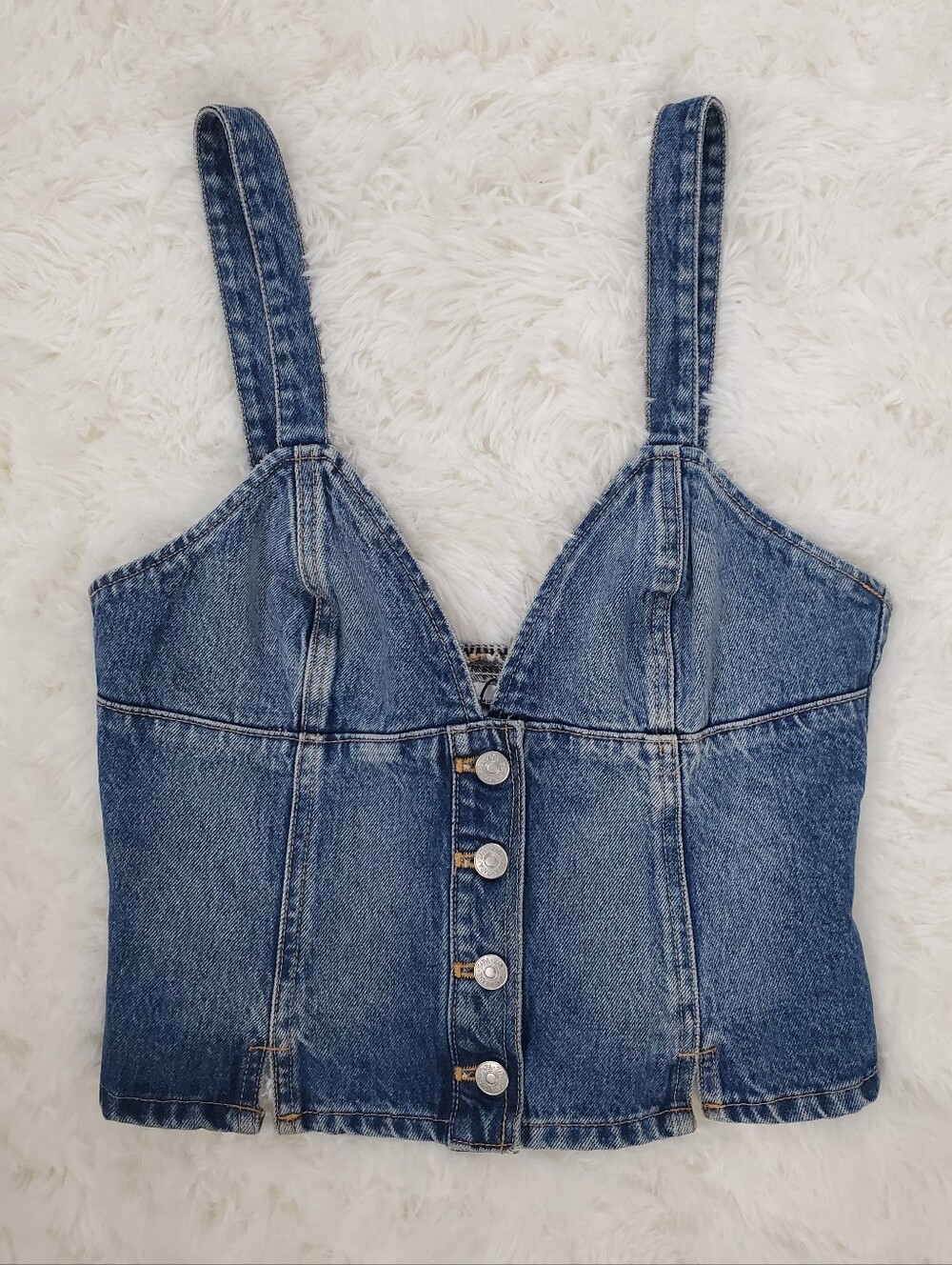 Zara Size M Blue Denim Sleeveless Button Front Crop Tank Top Shirt